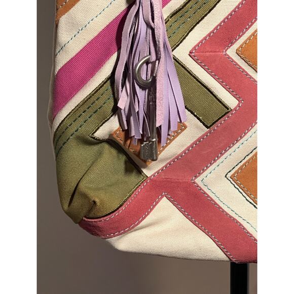 Fossil Jesse Large Pink Green Suede Canvas 2 Strap Tote Bag Purse and Keychain - Picture 3 of 8